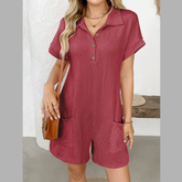 Button Detail Collared Neck Short Sleeve Romper