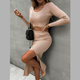 Ribbed Long Sleeve Top and Skirt Knit Set