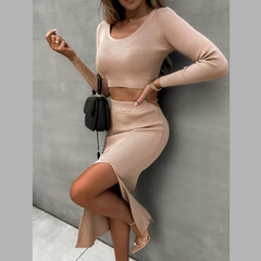 Ribbed Long Sleeve Top and Skirt Knit Set