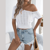 Openwork Single Shoulder Short Sleeve Knit Top