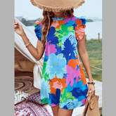 Classy Printed Ruffled Cap Sleeve Mini Dress