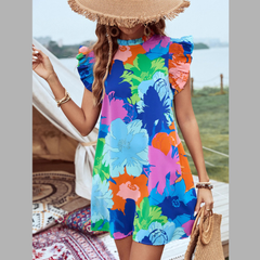 Classy Printed Ruffled Cap Sleeve Mini Dress