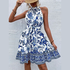 Floral Halter Neck Summer Dress with Belt