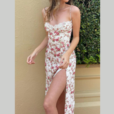 Floral Print Lace Trim Slit Midi Dress