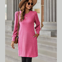 Ribbed Knit Puff Sleeve Casual Mini Dress
