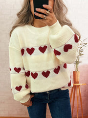 Heart Print Drop Shoulder Knit Sweater