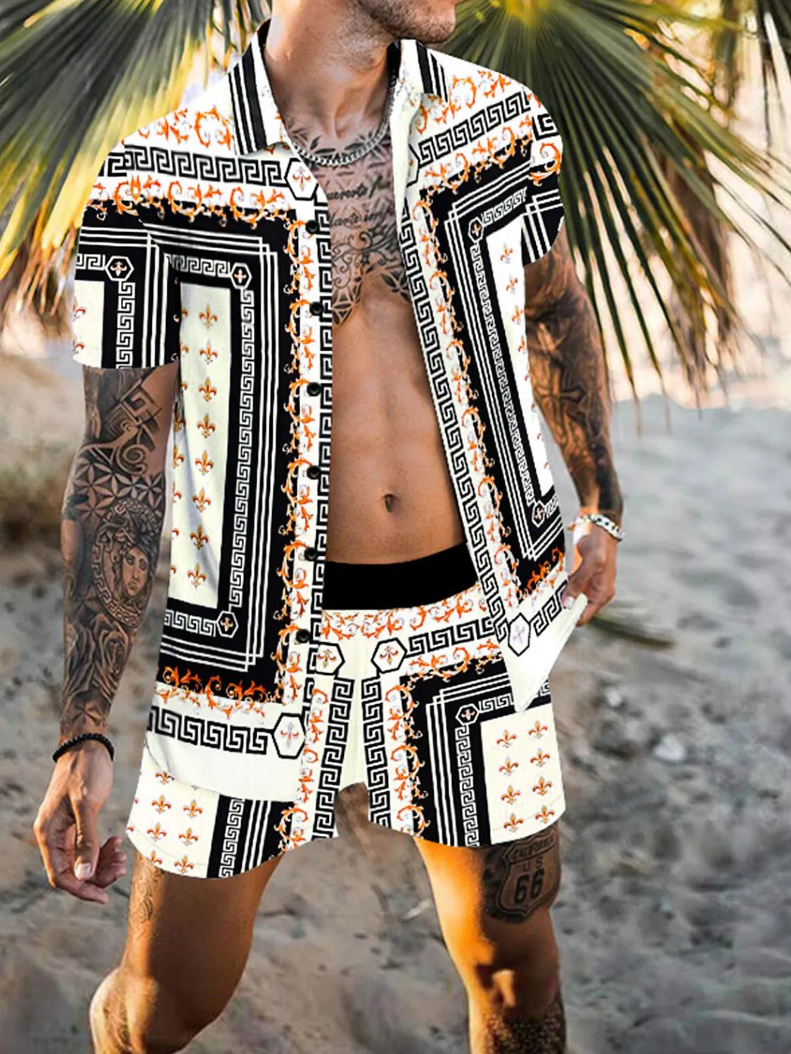 Men's Printed Short Sleeve Button Top & Shorts Set â€?Big Sizes