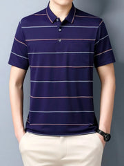 Men's Plus Size Striped Collared Neck Short Sleeve Polo