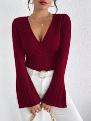 Flare Sleeve Ribbed Knit Top