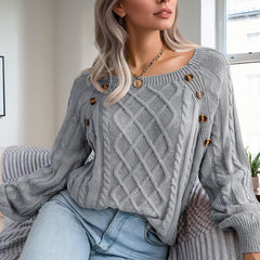 Women's Solid Color Casual Square Neck Button-Detail Knit Top - Textured Ribbed Pattern, Cozy Fall&Winter Sweater