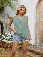 Eyelet Cutout Round Neck Tank