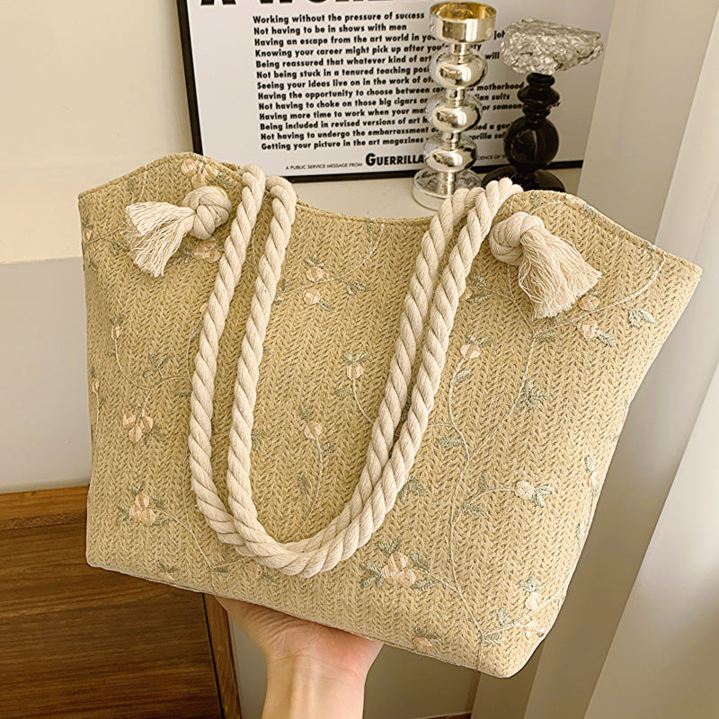 New And Simple Straw  Lace Flower Fashion Large Capacity Women  Shoulder Handbag