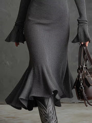 Ribbed Knit Zip Front Flare Hem Midi Dress