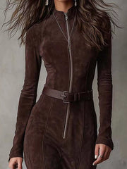 Full Size Slit Zip Front Long Sleeve Dress Plus Size