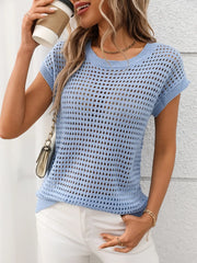 Openwork Round Neck Short Sleeve Knit Cover Up