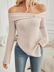 Off-Shoulder Ribbed Knit T-Shirt