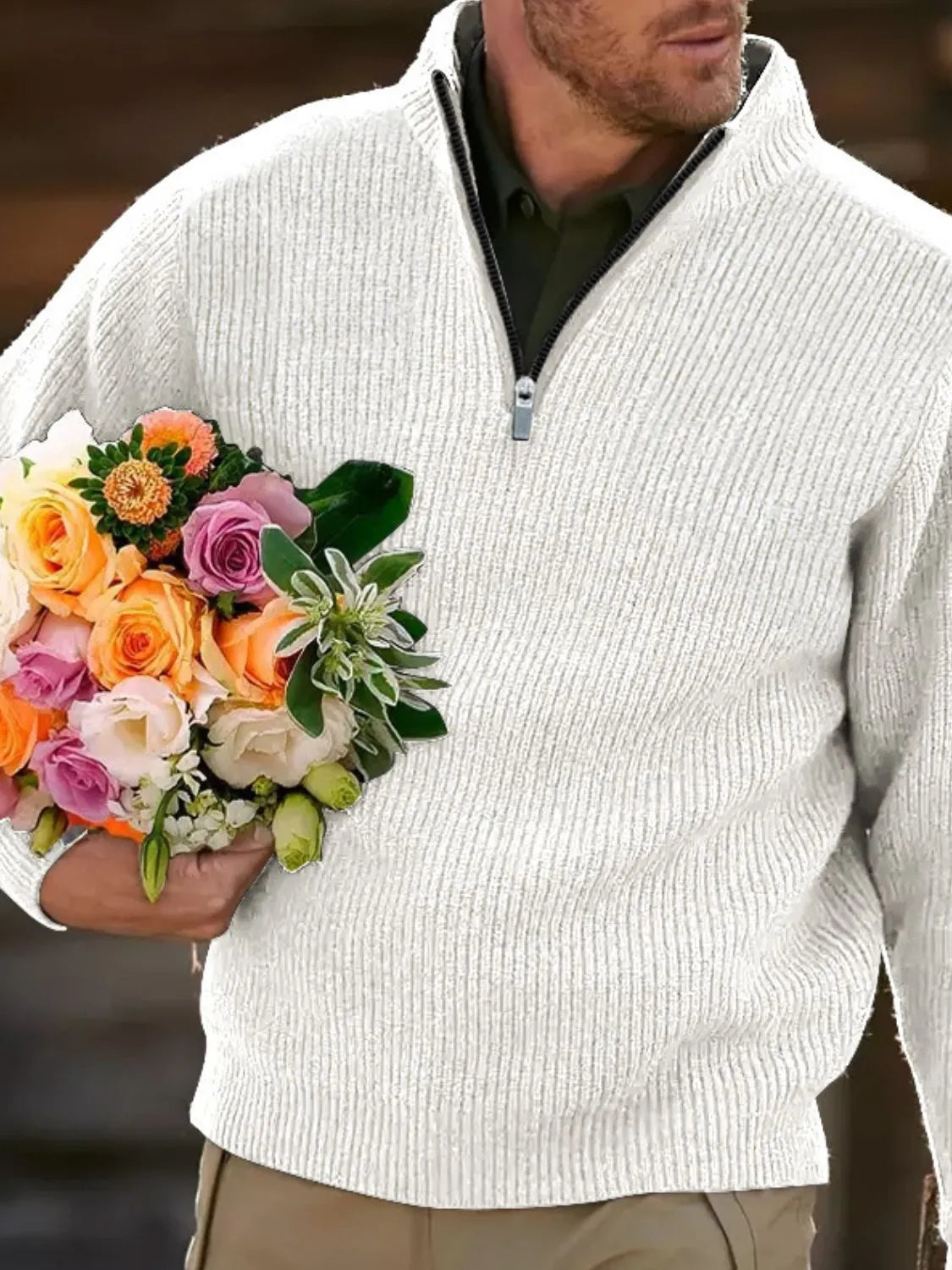 Men's Full Size Quarter Zip Long Sleeve Polo Plus Size