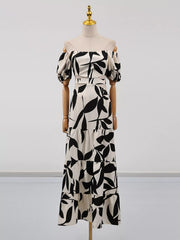 Off-Shoulder Cutout Leaf Print Maxi Dress