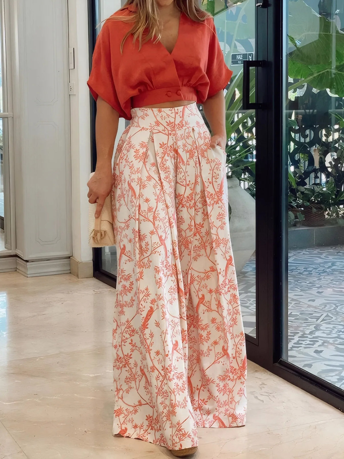 Surplice Top and High Waist Pants Set