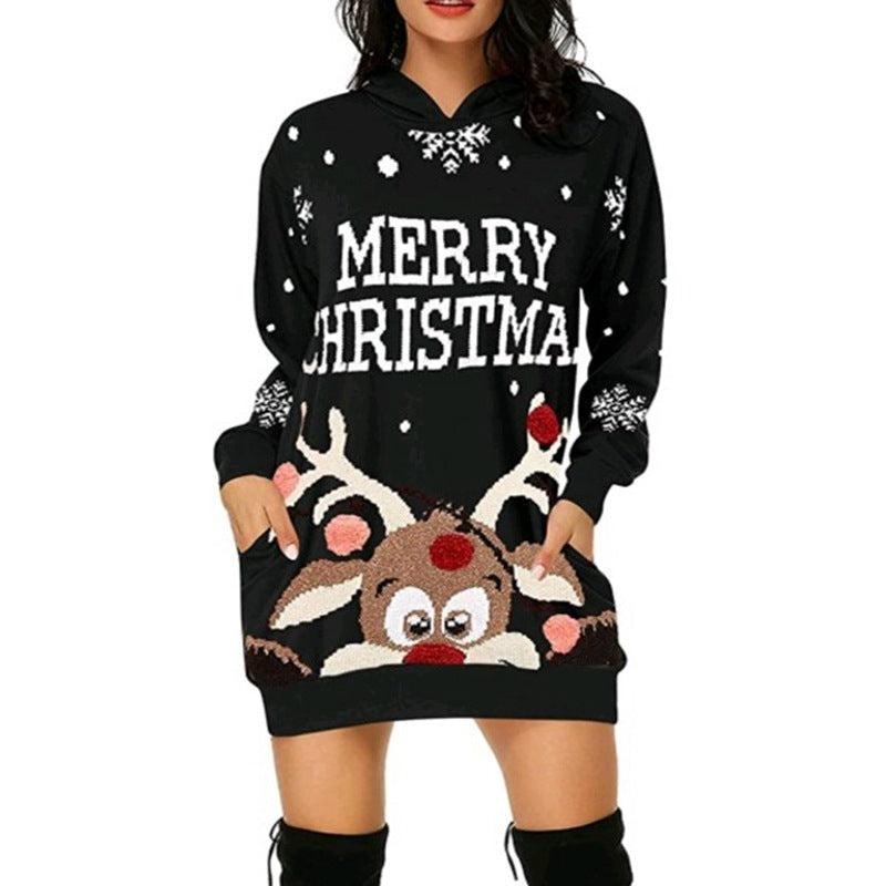 Christmas printed mid length pocket hooded long sleeved sweater