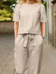 Full Size Round Neck Short Sleeve Top and Pants Set Plus Size