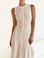 Contrast Stitching Round Neck Sleeveless Midi Dress