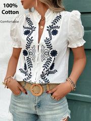 Embroidered Frill Notched Short Sleeve Blouse