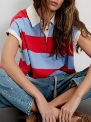 Half Button Striped Short Sleeve Cropped Polo Shirt