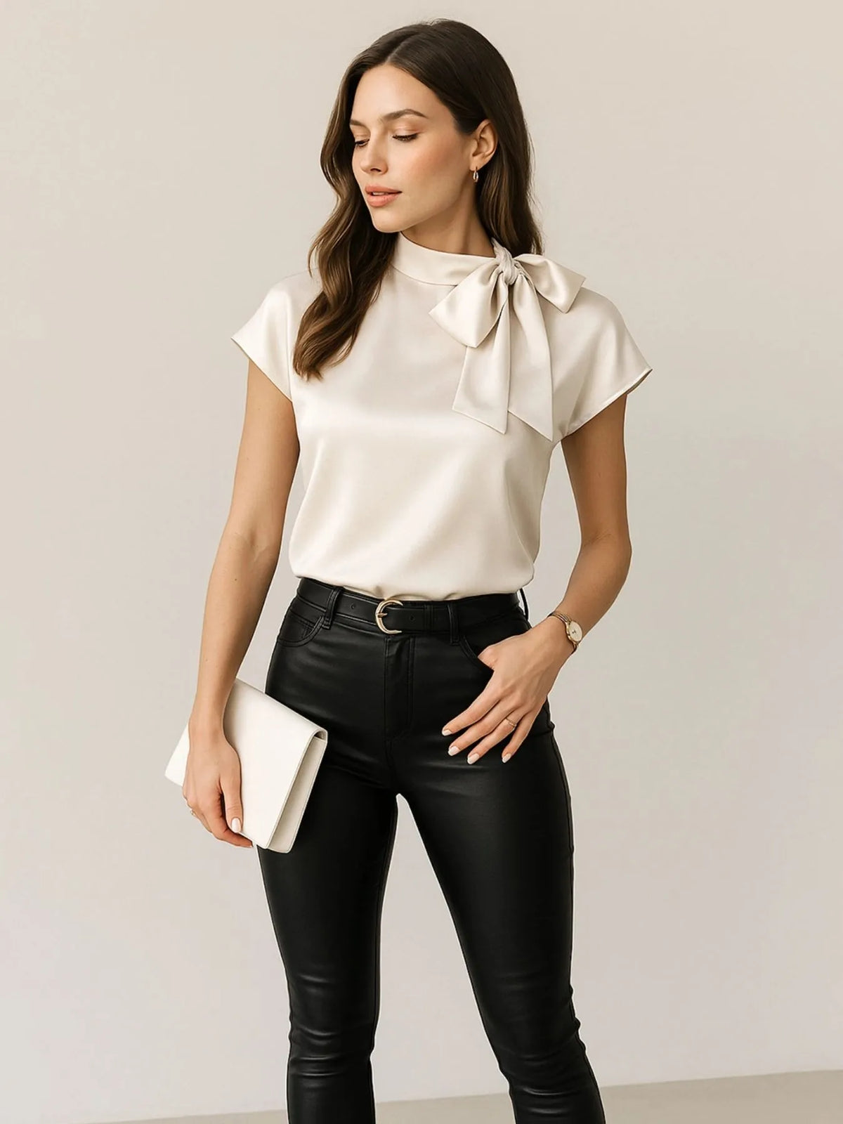 Satin Bow Tie Neck Blouse