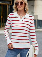 Women's Preppy Striped Knit Sweater with Johnny Collar â€?Long Sleeve Pullover