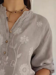 Full Size Floral Embroidered Button Detail Blouse Plus Size