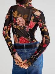 Elegant Floral Mock Neck Long Sleeve Top