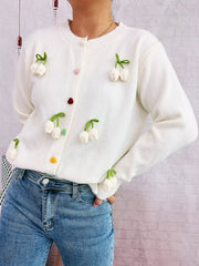 Floral knit button-front long sleeve cardigan