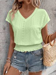 Eyelet V-Neck Short Sleeve Blouse
