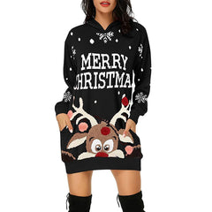 Christmas printed mid length pocket hooded long sleeved sweater