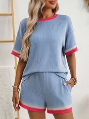 Contrast Round Neck Short Sleeve Top and Shorts Set