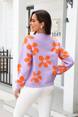 Angel Wings Floral Print Dropped Shoulder Round Neck Pullover Sweater