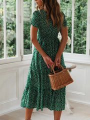 Printed Square Neck Short Sleeve Midi Dress