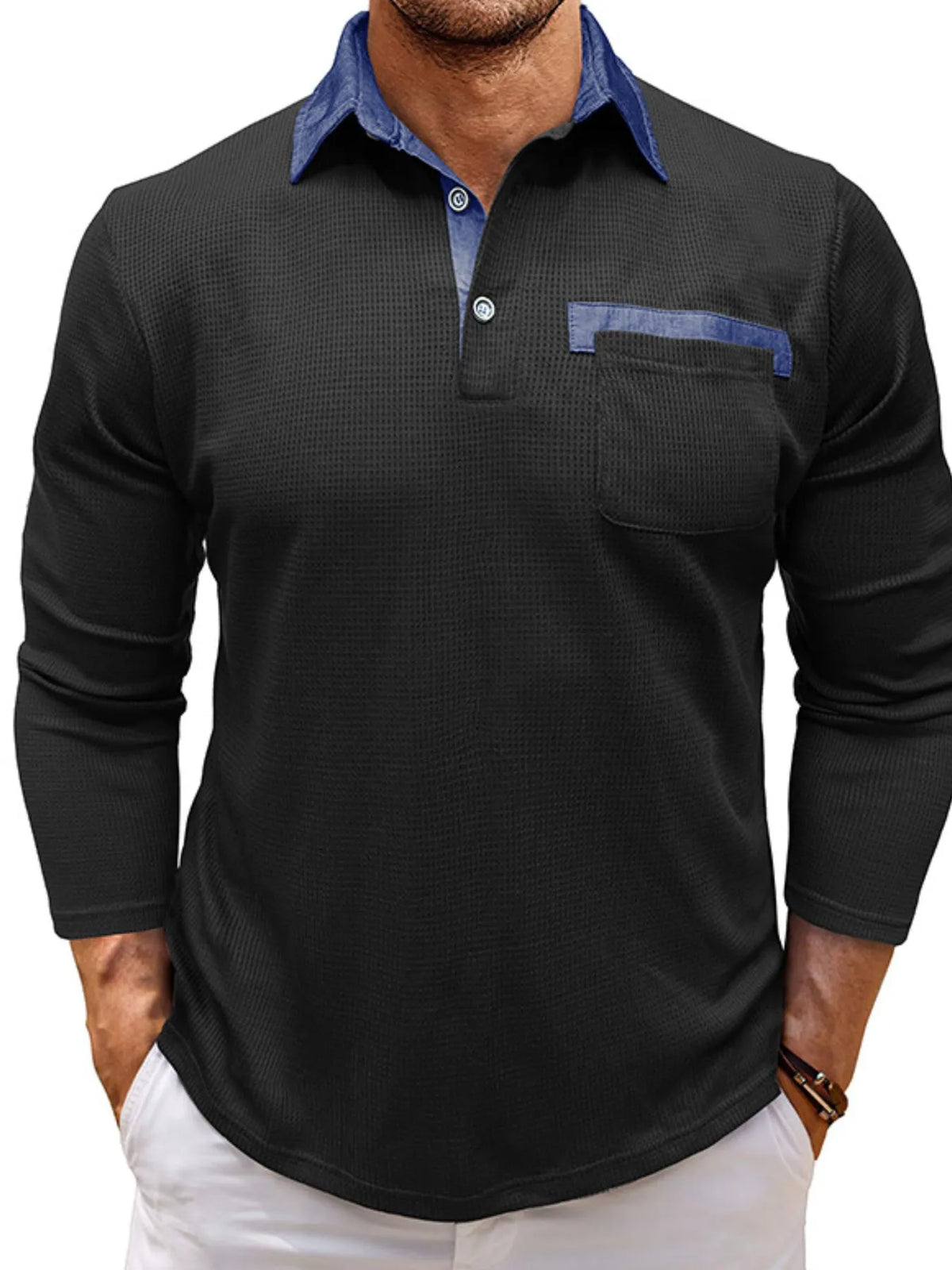 Men's Contrast Collar Long Sleeve Casual Polo Shirt