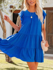 Trendy Ruffled Round Neck Cap Sleeve Mini Dress