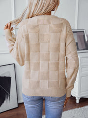 Checkered Round Neck Long Sleeve Sweater Moni Wear