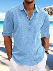 Men's Full Size Casual Linen Long Sleeve Polo Shirt Plus Size