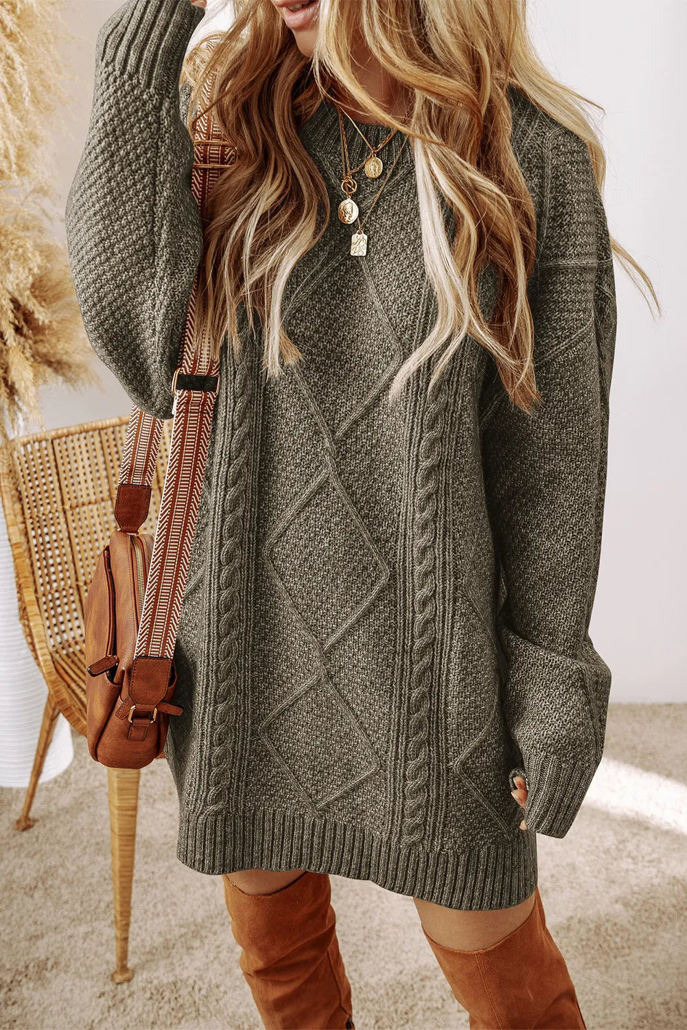 Round Neck Cable Knit Mini Sweater Dress