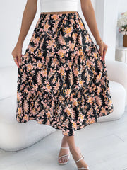 Floral Print Ruffle Hem Flowy Midi Skirt