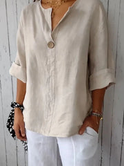 Full Size Linen Blend Notched Blouse Plus Size