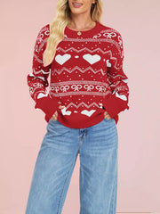 Heart & Bow Pattern Round Neck Sweater
