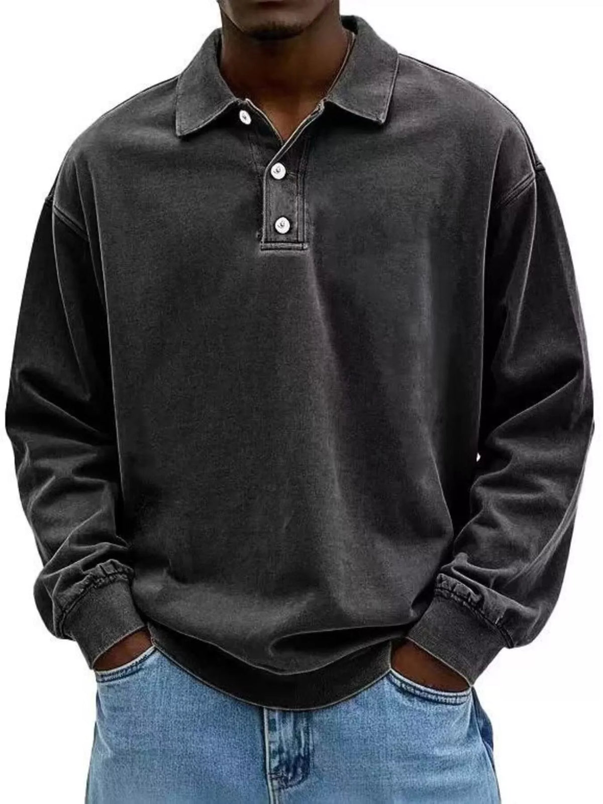 Men's Full Size Washed Long Sleeve Polo Plus Size