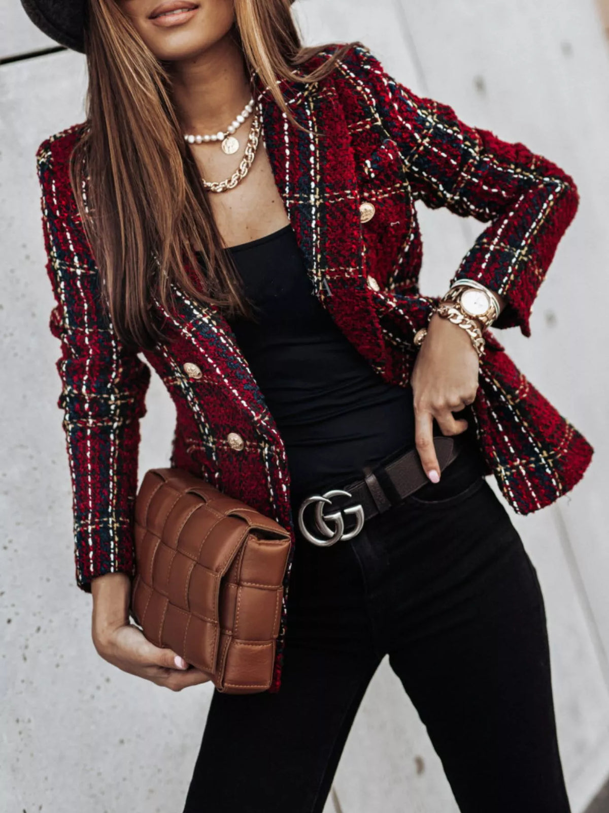 Plus Size Plaid Tweed Double-Breasted Blazer Jacket