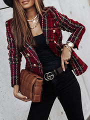 Plus Size Plaid Tweed Double-Breasted Blazer Jacket