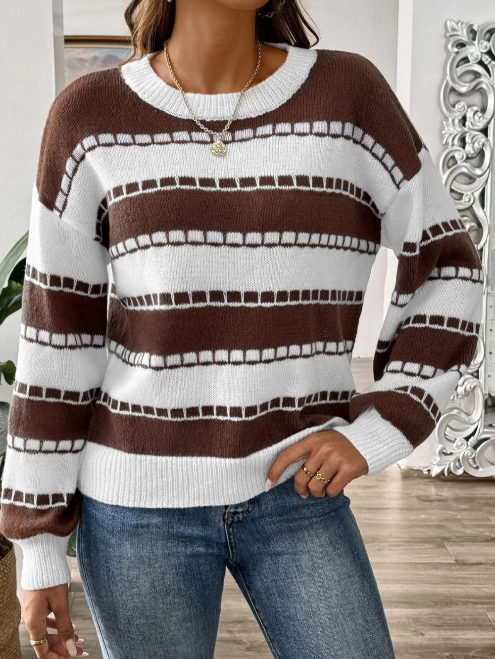 Classic Stripe Round-Neck Long Sleeve Knit Sweater